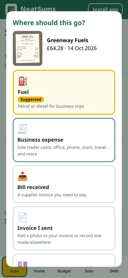 Choosing where a scanned receipt should go