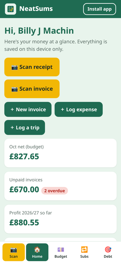 NeatSums home screen on a phone